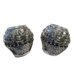 Pair Of Jerusalem Silver & Gold Plated Candle Holders With Intricate City Design